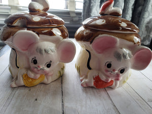 Enesco Missy Mouse Sugar Bowls or Condiment Jars, Anthropomorphized China, Japanese China, 1950s, 1960s, cute china, Napco, Lefton