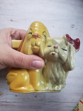 Load image into Gallery viewer, Vintage Shawnee Pottery Hound and Pekinese Dog Planter, Made In USA, USA Planter, vintage pottery Shawnee Pottery, yellow planter, whimsical