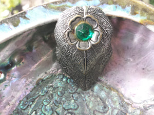 1950s Mid Century Antique Silver Rhinestone Crystal Leaf Brooch - Estate Jewelry, Mad Men, antique silver, emerald green