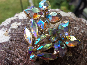 Large 1950s AB aurora borealis Rhinestone Crystal Flower Bouquet Brooch - Estate Jewelry, Mad Men, 1950s